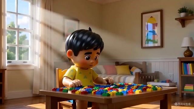 Minh họa 3D tĩnh về một cậu bé lắp ghép các khối Lego tại bàn trong căn phòng ngập nắng